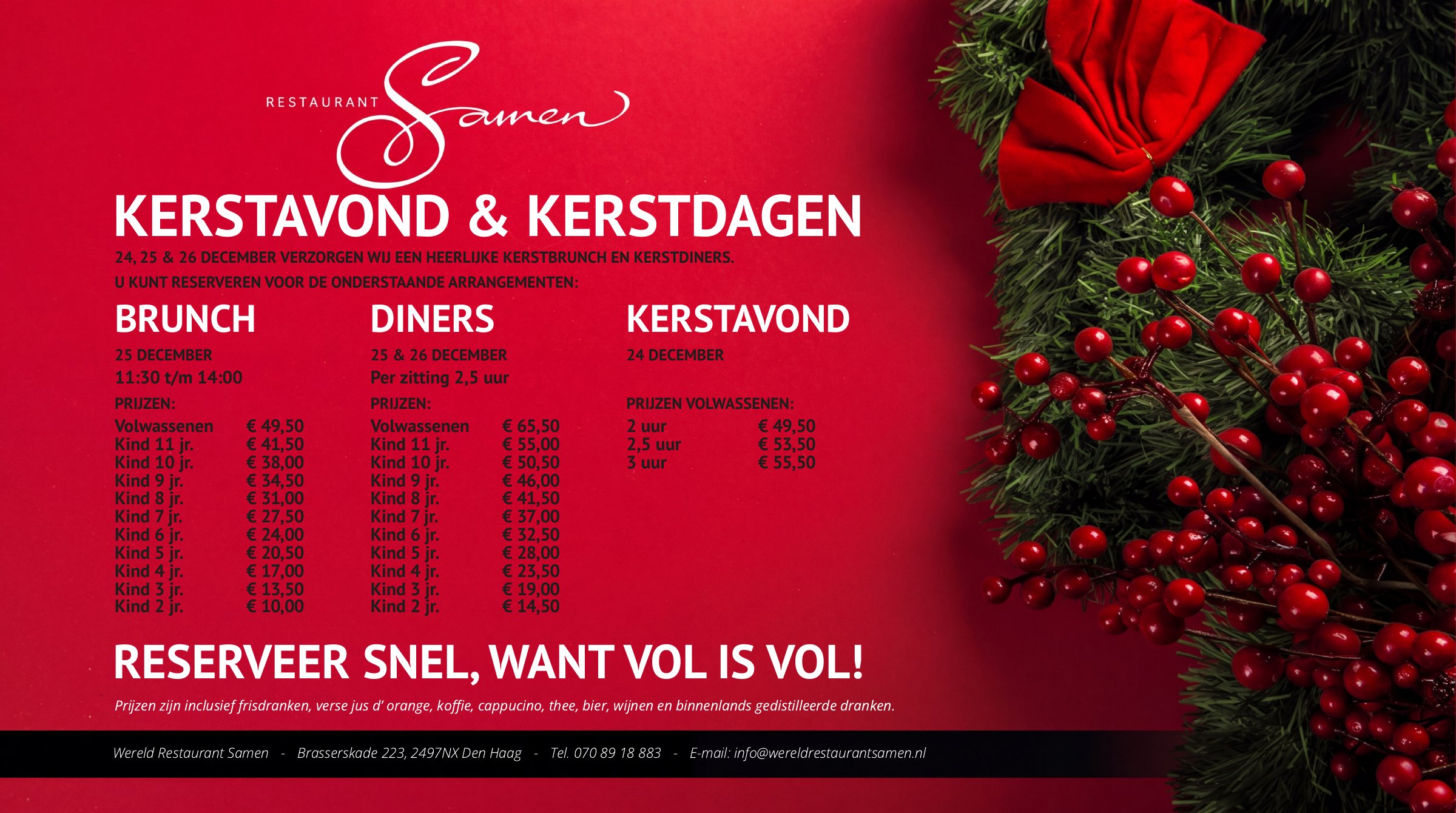 Kerstflyer: kerstbrunch op 25 december, kerstdiners op 25 en 26 december en kerstavond op 24 december, met alle prijzen
